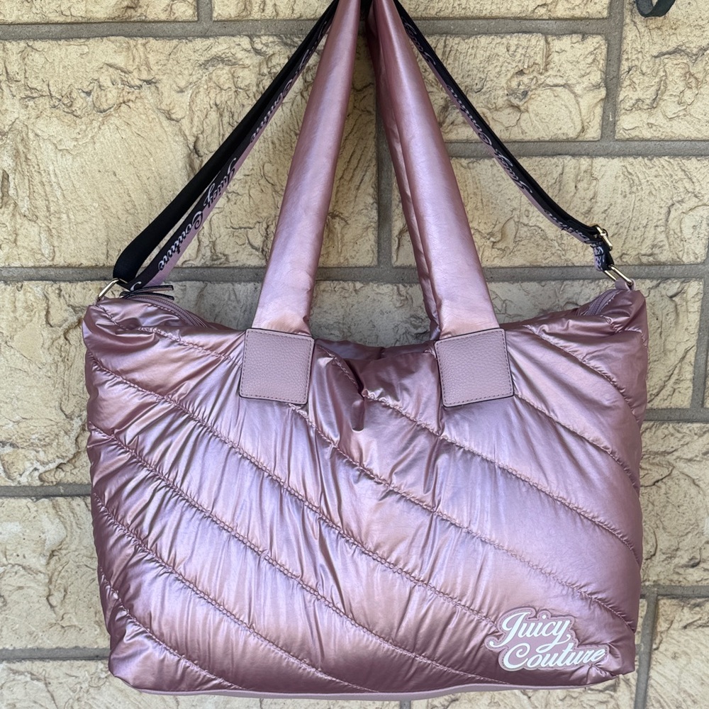Juicy Couture Metallic Rose Quilted Tote Bag Snow Bunny Weekender Bag Luggage Lg - Picture 2 of 14